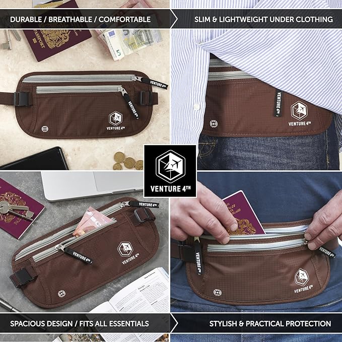 VENTURE 4TH Slim Minimalist Design RFID Money Belt with RFID Blocking Sleeves, for Men and Women – Ideal for Keeping Your Cash, Credit Card, Passport, Phone Secure When Traveling - Brown