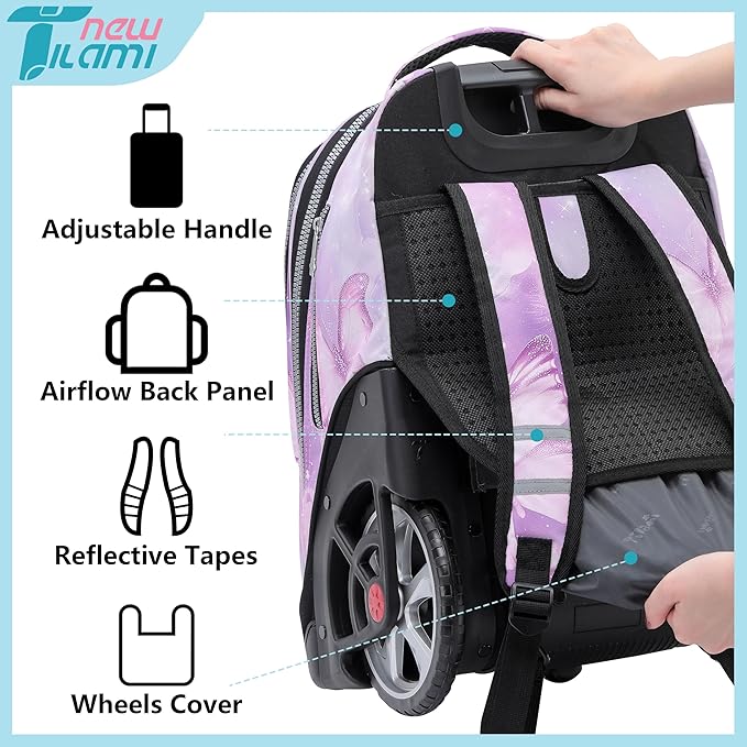 NEW TILAMI 19 Inch Rolling Backpack with Lunch Bag for Girls Boys Wheeled Laptop Backpack Durable Carry-on Bag School Travel, Evening Butterfly