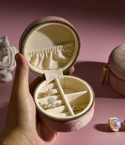 TAIMY Travel Jewelry Box, Mini Round Velvet Travel Jewelry Case for Women Girls, Portable Small Jewelry Travel Organizer Boxes for Rings Earrings Necklaces Bracelets(Blush Peach)