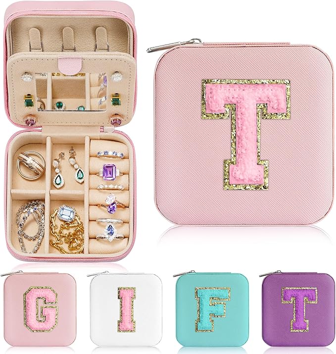 Parima Travel Essentials for Women Jewelry Box, Travel Accessories for Teen Girls Trendy Stuff | Necklace Organizer Earrings Organizer Ring Organizer - Letter T, Pink