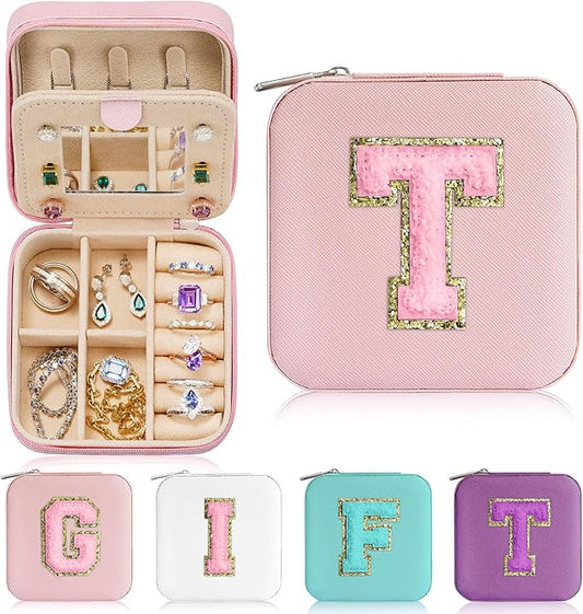 Parima Travel Essentials for Women Jewelry Box, Travel Accessories for Teen Girls Trendy Stuff | Necklace Organizer Earrings Organizer Ring Organizer - Letter T, Pink