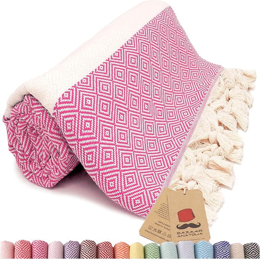 Bazaar Anatolia Turkish Beach Towel – 100% Cotton, Quick Dry, Sand Free Towel for Bathroom, Camping, Travel, Hot Pink – Oversized 71x39 Inches – Diamond Fuscia