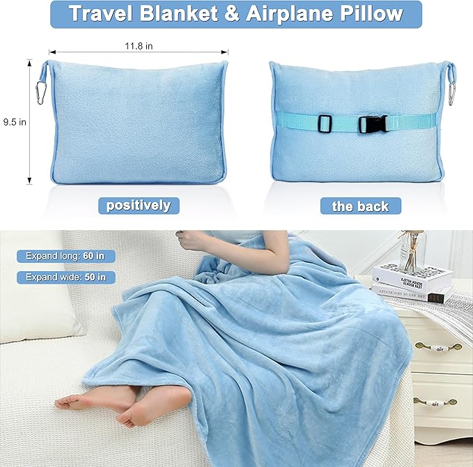 2-in-1 Convertible Travel Blanket & Pillow-Ultra Soft, Compact & Packable with Hand Luggage Sleeve and Backpack Clip for Flight & Car,Light Blue