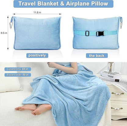 2-in-1 Convertible Travel Blanket & Pillow-Ultra Soft, Compact & Packable with Hand Luggage Sleeve and Backpack Clip for Flight & Car,Light Blue