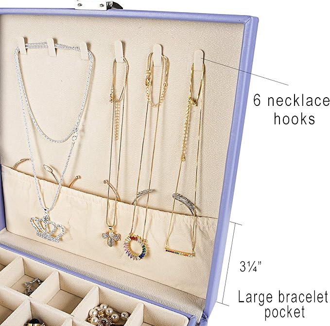 Frebeauty Earring Organizer Classic Jewelry Box 50 Slots Double Layer Jewelry Storage Case with 6 Necklace Hook and Bracelet Pocket(Purple)