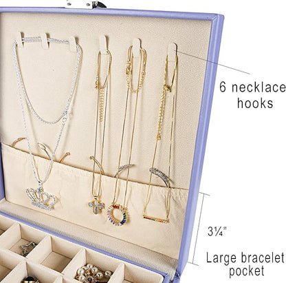 Frebeauty Earring Organizer Classic Jewelry Box 50 Slots Double Layer Jewelry Storage Case with 6 Necklace Hook and Bracelet Pocket(Purple)