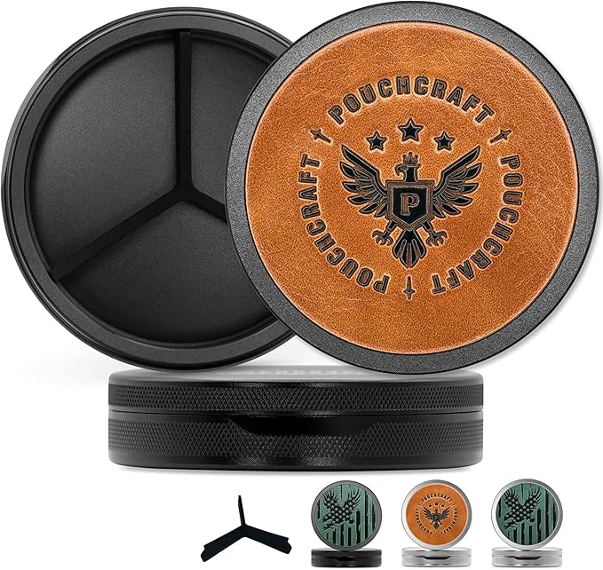 Leather-Faced Metal Pouch Can | Metal Container | Slim EDC Pocket Tin | Airtight & Moisture-Resistant | Daily Organizer | Pill Case & Travel Tin | Father’s Day Gift for Dad | (Insignia Ed, Black)