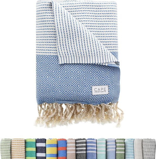 Oversized Turkish Beach Towel, Diamond Dobby Denim Blue - 37'' x 67'' - Super Soft & Lightweight | Quick Dry Sand Free Travel Towels for Beach or Bath | Gifts