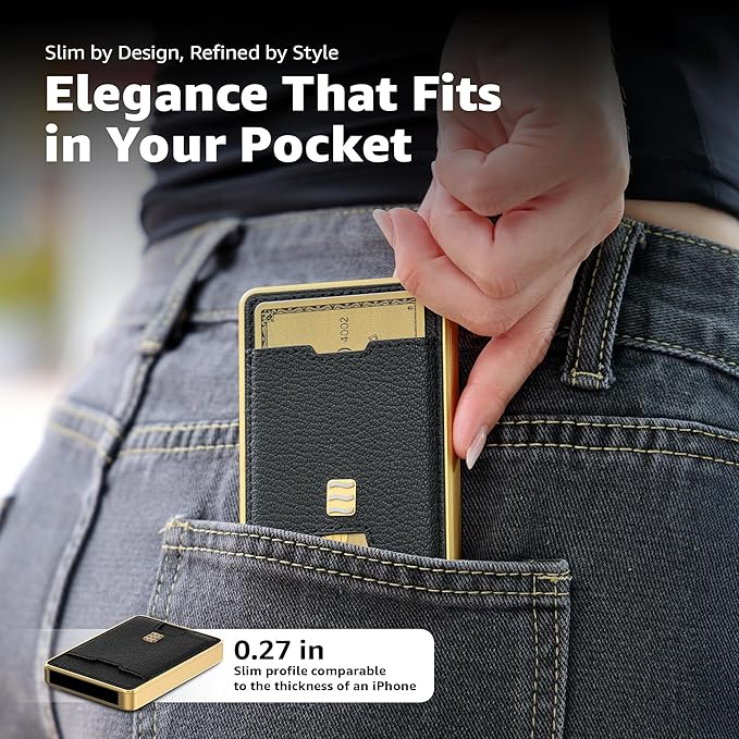 RFID Blocking Wallet, Minimalist Card Holder with Quick Access, Holds 1 to 12 Cards & Cash, Vegan Leather & Brushed Aluminum, Gift-Ready Packaging (Black & Gold)