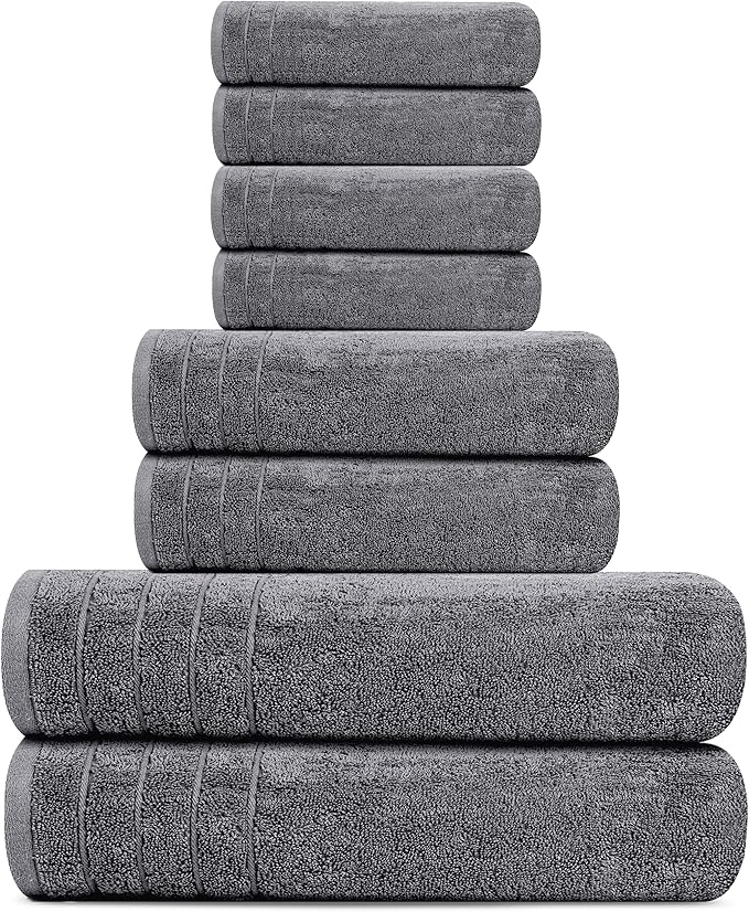 Tens Towels Pack of 8 Towels Set, 2 Extra Large Bath, 2 Hand, 4 Washcloths, 100% Cotton, Lighter Weight, Quicker to Dry, Super Absorbent, Perfect for Bathroom, Dark Grey