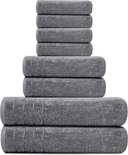 Tens Towels Pack of 8 Towels Set, 2 Extra Large Bath, 2 Hand, 4 Washcloths, 100% Cotton, Lighter Weight, Quicker to Dry, Super Absorbent, Perfect for Bathroom, Dark Grey