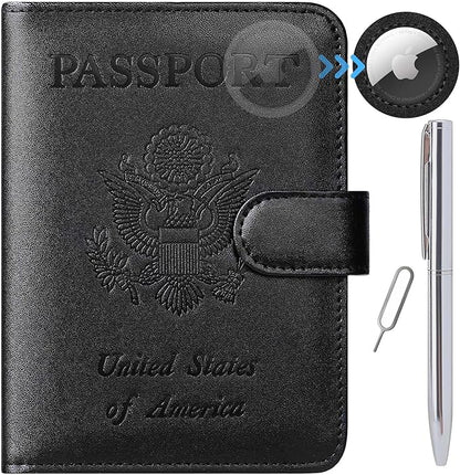 Airtag Passport Holder Cover Wallet RFID Blocking Leather Case Travel Essentials Luggage Accessories Travel Must Have(118#Black)