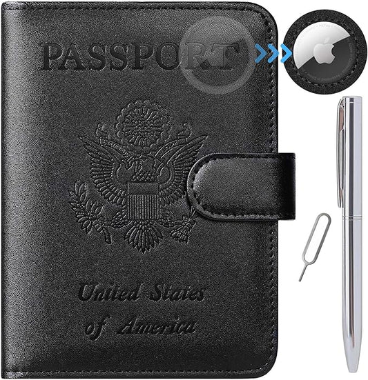 Airtag Passport Holder Cover Wallet RFID Blocking Leather Case Travel Essentials Luggage Accessories Travel Must Have(118#Black)