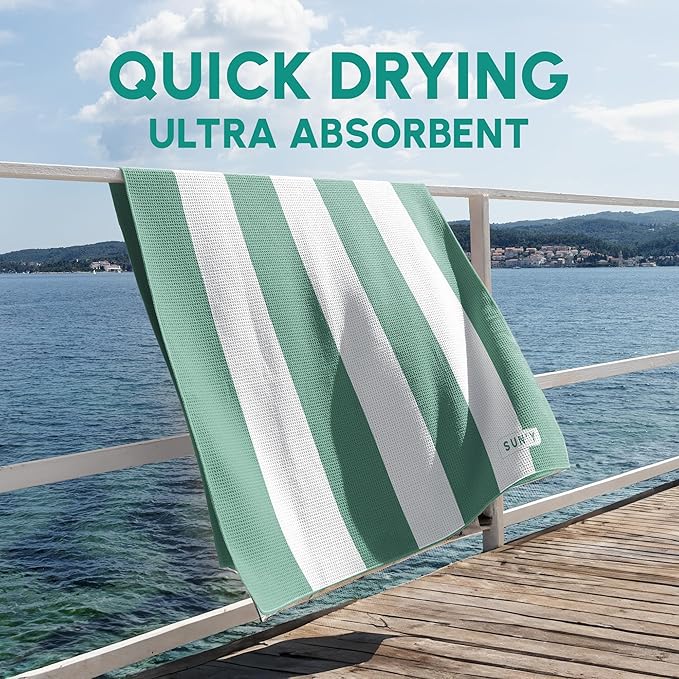 SUN'Y Waffle Microfiber Beach Towel – Sand Free, Quick Dry, Ultra Absorbent, Lightweight & Compact Travel Towel with Carry Bag - Large (63” x 31.5”), Sea Green