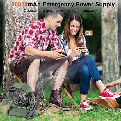 KITWLEMEN 20000mAh Battery Powered Camping Fan - 58H Max Cooling, Rechargeable Battery Operated Desk Fan with 4 Speeds, Bright Light & Hanging Hook, Portable for Tent Outdoor Hurricane Power Outage