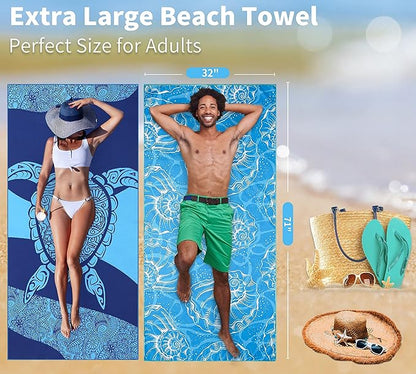 6 Pack Lightweight Thin Beach Towel Oversized 71"x32" Big Extra Large Microfiber Sand Free Towels for Adult Quick Dry Travel Camping Beach Accessories Vacation Essential Gift Turtles Shell Stripe Leaf