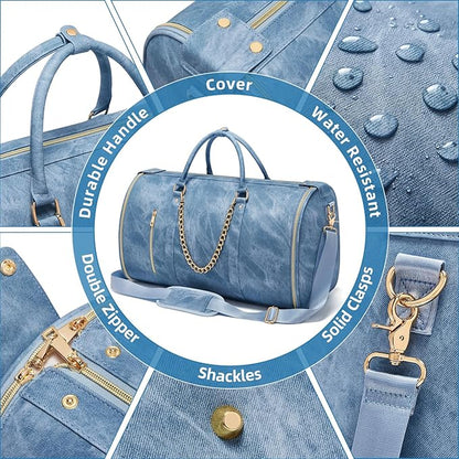 Garment Duffle Bag for Travel, Convertible 20.5×10×12.5 Inch Carry On Garment Bag for Women, Foldable Travel Bags with Shoe Compartment & Toiletry Pocket for Business Trip, Vacation, Blue