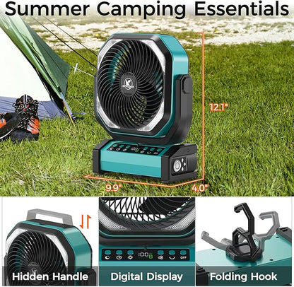 Camping Fan with Light - 20000mAh Rechargeable Battery Fan, 112Hrs Max Run Time, 8 Speeds, Digital Display, Timer, Auto Oscillation, 270° Pivot & Hook for Camping, Power Outage, Hurricane (Blue)