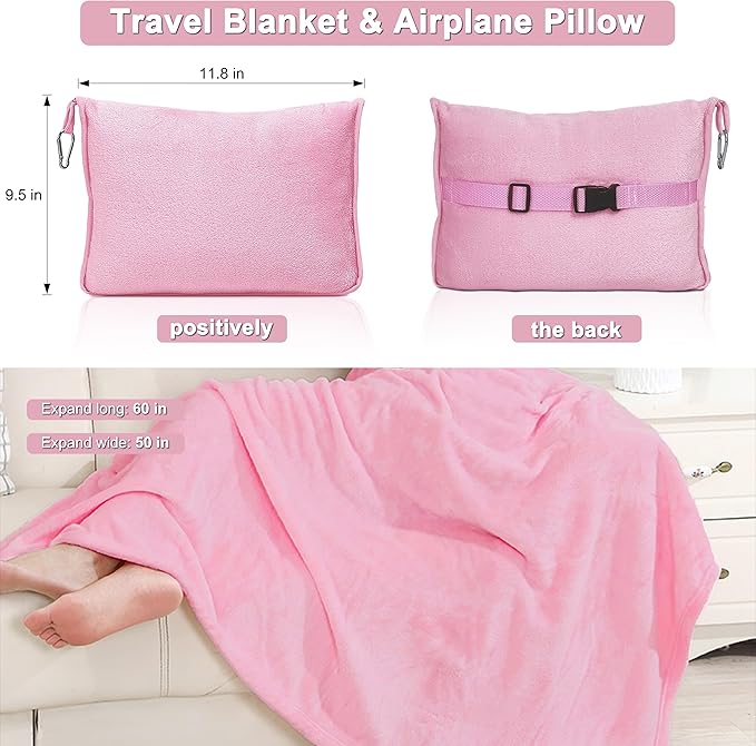 2-in-1 Convertible Travel Blanket & Pillow-Ultra Soft, Compact & Packable with Hand Luggage Sleeve and Backpack Clip for Flight & Car,Pink