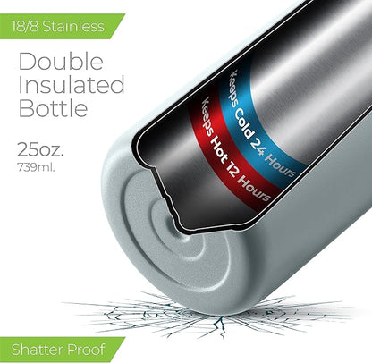 SipX™ Triple-Insulated Stainless Steel Water Bottle 25oz. With 3 Lids, BPA-Free Reusable Insulated Water Bottle Keeps Cold 24 Hours, Metal Water Bottle Made Of Sustainable Material For Hiking & Biking