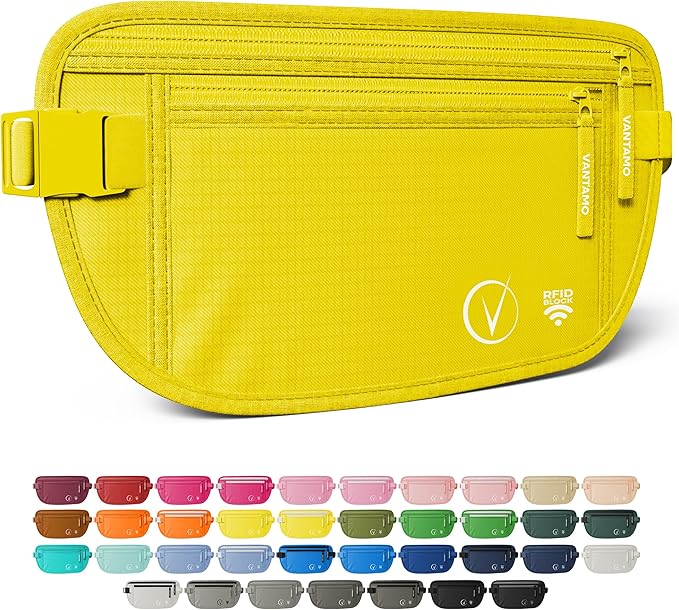 Vantamo Money Belt with RFID For Men & Women, Hidden Passport Holder for Travel, 2 Compartment Travel Fanny Pack for Women Anti Theft
