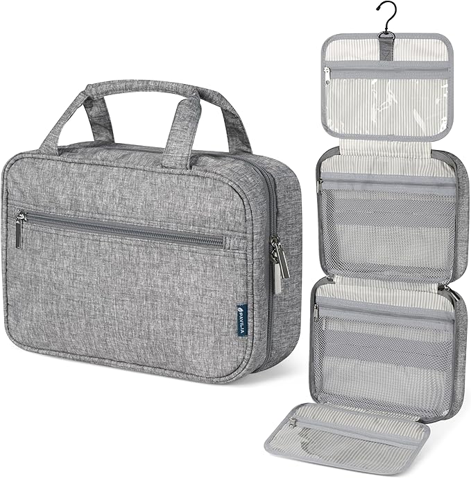 PAVILIA Hanging Toiletry Bag Travel Bag Women Men, Foldable Cosmetic Organizer, Roll up Makeup Bag, Water Resistant Accessories Toiletries, Large Travel Essentials Kit (Heather Grey)