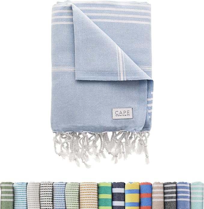 Large Turkish Beach Towel, Classic Powder Blue - Super Soft & Lightweight Quick Dry Absorbent Towels for Beach, Picnic Blanket or Bath Towel - Sand Free Organic Turkish Cotton Yarn
