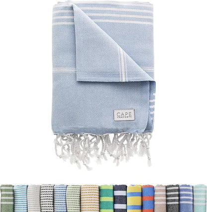 Large Turkish Beach Towel, Classic Powder Blue - Super Soft & Lightweight Quick Dry Absorbent Towels for Beach, Picnic Blanket or Bath Towel - Sand Free Organic Turkish Cotton Yarn