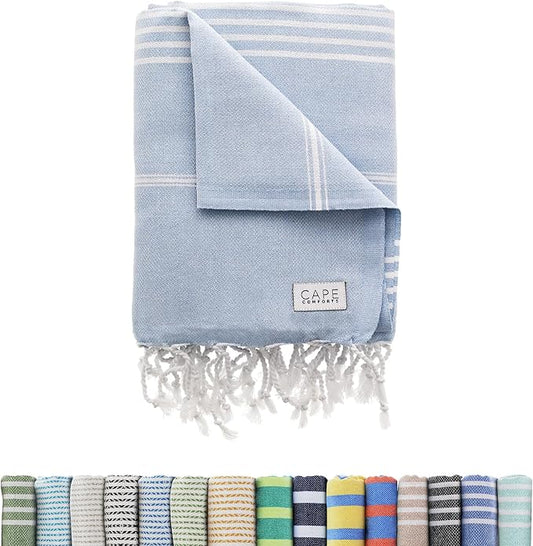Large Turkish Beach Towel, Classic Powder Blue - Super Soft & Lightweight Quick Dry Absorbent Towels for Beach, Picnic Blanket or Bath Towel - Sand Free Organic Turkish Cotton Yarn