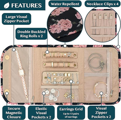 Pavilia Foldable Jewelry Organizer - Travel Roll Bag with Compartments for Earrings, Rings, Necklaces, Bracelets - Packing Accessory