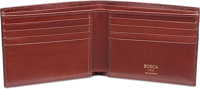 Bosca Men's Old Italian Leather Wallet RFID Blocking Modern Bifold Executive Design 8 Card Slots, Made in Italy - Dark Brown