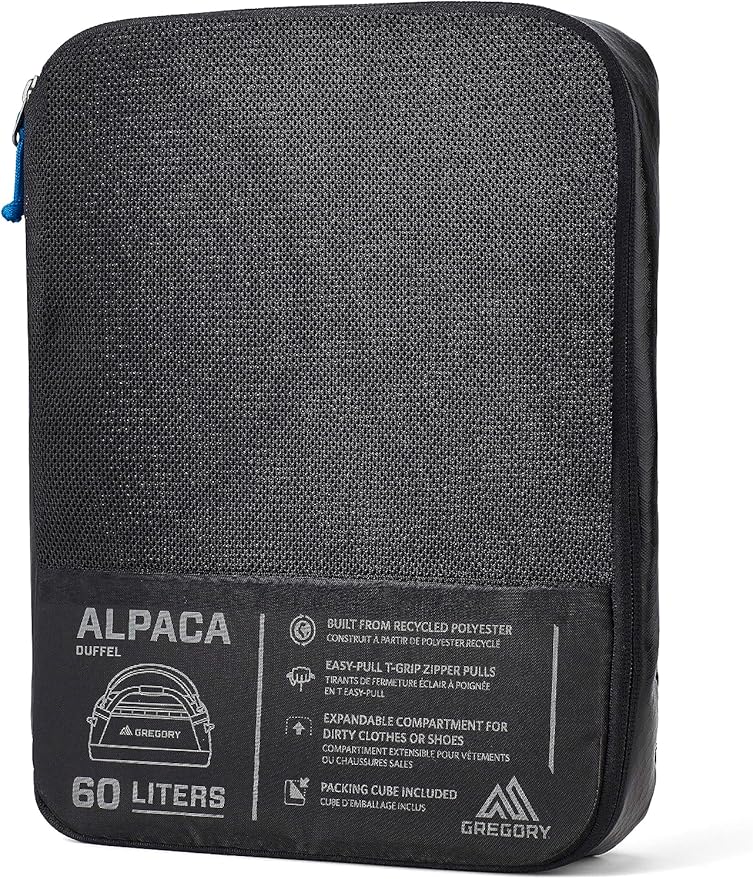 Gregory Alpaca 60L Water-Resistant Adventure Travel/Gear Organization Duffel Bag with Packing Cube Included, Obsidian Black