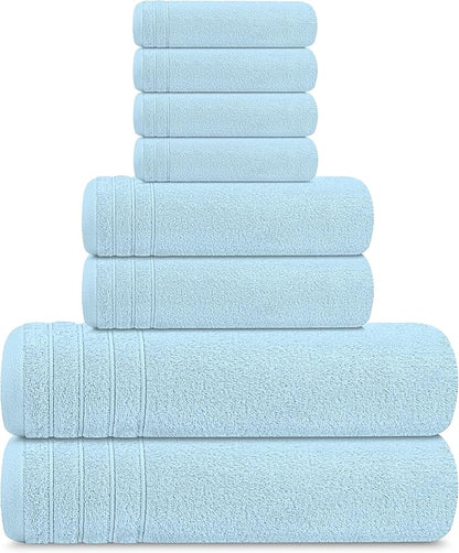 Tens Towels Pack of 8 Towels Set, 2 Extra Large Bath, 2 Hand, 4 Washcloths, 100% Cotton, Lighter Weight, Quicker to Dry, Super Absorbent, Perfect for Bathroom, Sky Blue