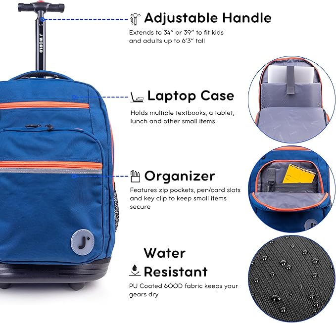 J World Sundance Laptop Rolling Backpack for Girls Boys. Roller Bookbag with Wheels, Navy