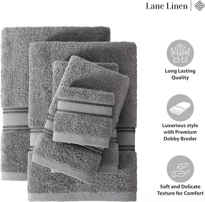 LANE LINEN Towel Set of 12 – 100% Mercerized Cotton, Zero Twist, 4 Large Bath Towel, 4 Hand Towels & 4 Wash Cloths, Quick Dry & Long-Lasting, Perfect for Family Bathrooms, Easy Care – Cool Grey