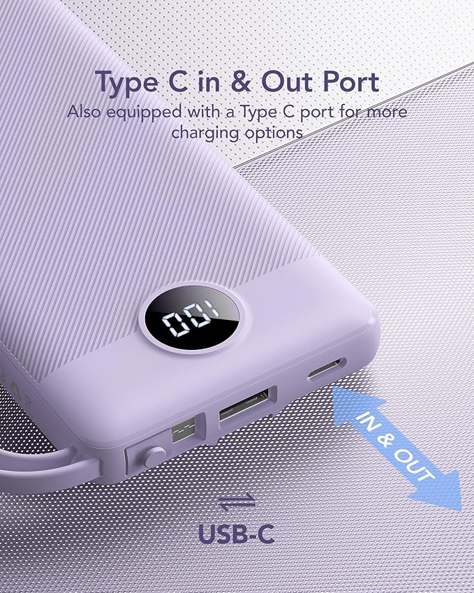 VRURC Portable Charger Power Bank, 10000mAh Travel Essentials Battery Pack, 5 Outputs 2 Inputs Slim Charging Bank Built-in Cables Cords for iPhone 17 16 15 14 13,Samsung,Android-Lavender(1 Pack)