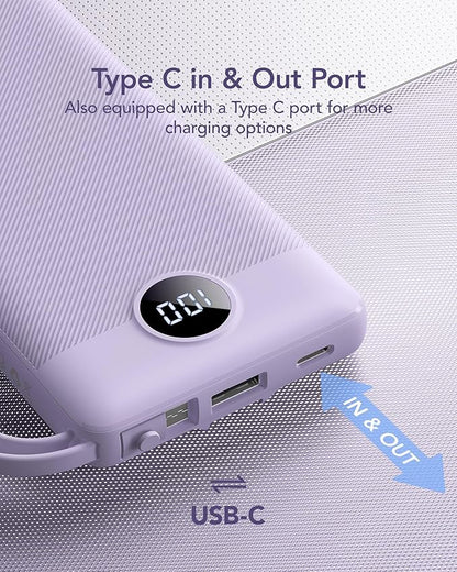 VRURC Portable Charger Power Bank, 10000mAh Travel Essentials Battery Pack, 5 Outputs 2 Inputs Slim Charging Bank Built-in Cables Cords for iPhone 17 16 15 14 13,Samsung,Android-Lavender(1 Pack)