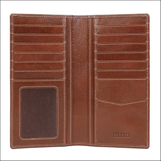 ELIZO Men's Genuine Leather Long Wallet - RFID Blocking Rodeo Checkbook Wallet | Slim Western Bifold Wallet with 16 Card Slots, ID Window | Top Grain Leather Cowboy Wallet
