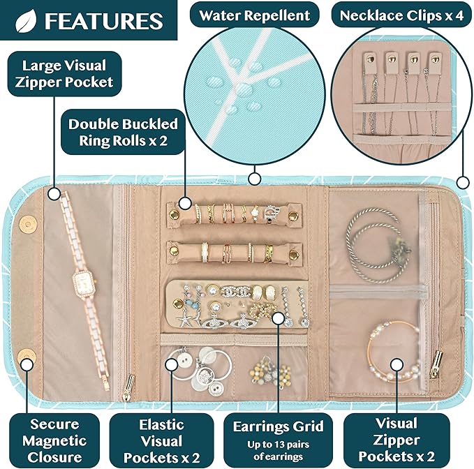 Pavilia Foldable Jewelry Organizer - Travel Roll Bag with Compartments for Earrings, Rings, Necklaces, Bracelets - Packing Accessory