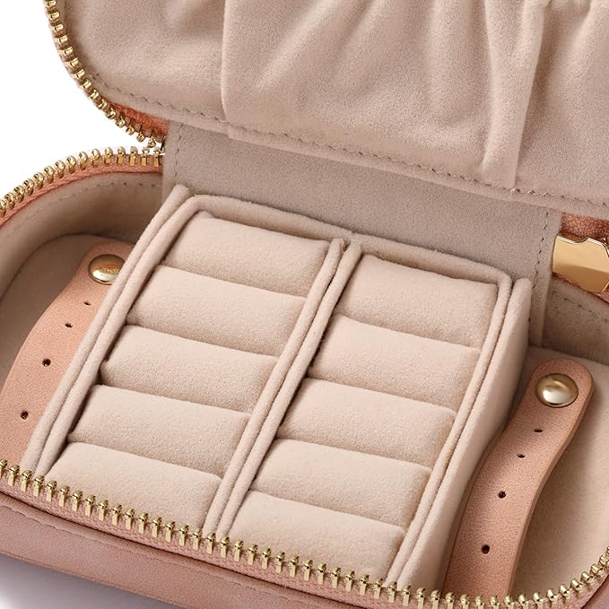 HISCOW Vegan Leather Travel Jewelry Case with Zipper - Portable Necklace & Earring Holder Organizer for Women Girls, Velvet-Lined Ring Box with Anti-Tarnish Design, Pink