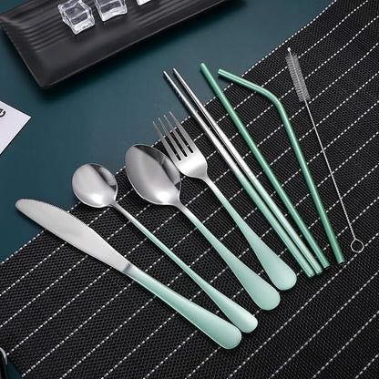 Travel Utensils,Reusable Silverware Set To Go Portable Cutlery Set with a Waterproof Carrying Case for Lunch Boxes Workplace Camping Picnic (GraGreen)