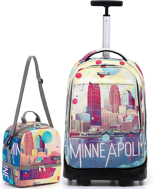 NEW TILAMI 19 Inch Rolling Backpack with Lunch Bag for Girls Boys Wheeled Laptop Backpack Durable Carry-on Bag School Travel, City