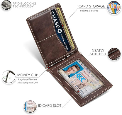 SERMAN BRANDS RFID Blocking Wallet Slim Bifold - Genuine Leather Minimalist Front Pocket Wallets for Men with Money Clip Gift (Morning Roast)