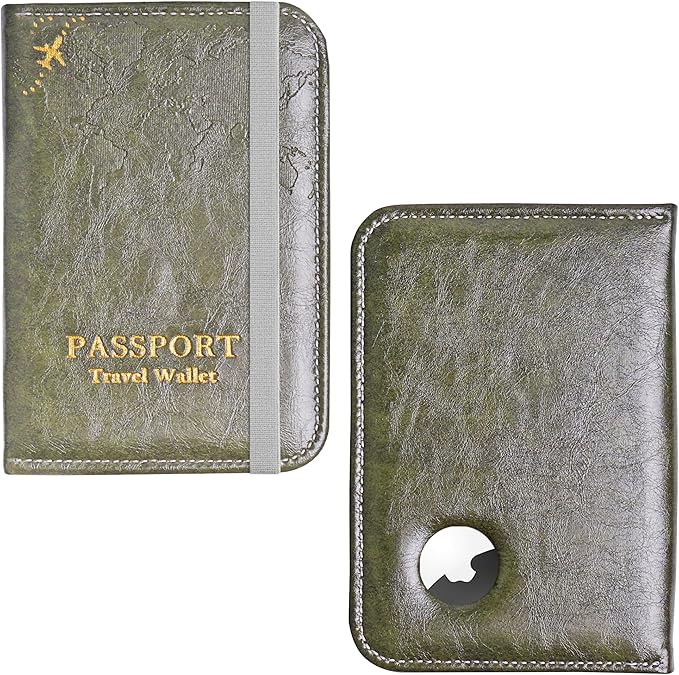QIELIZI Passport Holder with Airtag Slot, Airtag Passport Wallet for Men Women, Slim Leather Passport Holder Case Family for Travel Anti-Lost(1-Green)