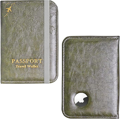 QIELIZI Passport Holder with Airtag Slot, Airtag Passport Wallet for Men Women, Slim Leather Passport Holder Case Family for Travel Anti-Lost(1-Green)