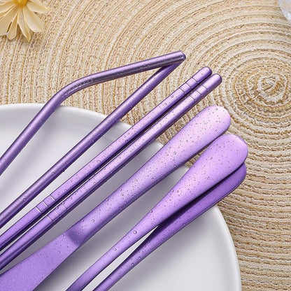Portable Stainless Steel Flatware Set, Travel Camping Cutlery Set, Portable Utensil Travel Silverware Dinnerware Set with a Waterproof Case (Light Purple)