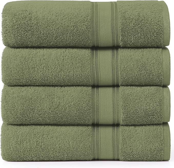 Lane Linen 100% Cotton 4 Pack Bath Towels (30"x60") - Zero Twist, Mercerized Cotton Bathroom Towel Set - Quick Dry, Extra Soft & Absorbent Large Bath Towels - Tumble Dry Regains Fluffiness - Oil Green