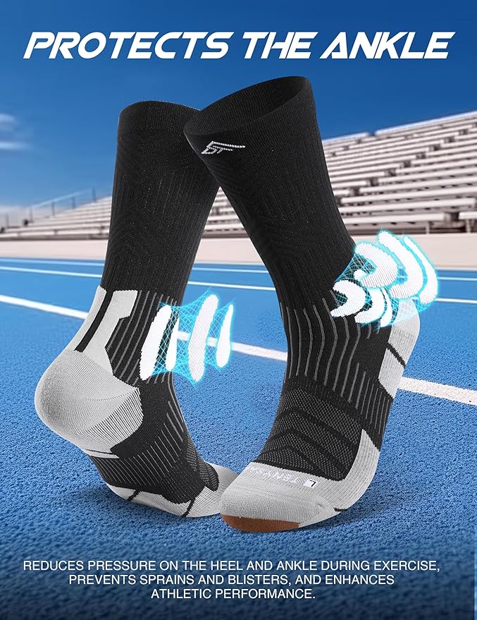 Men's Compression Running Socks: Coolmax Athletic Crew Socks Moisture Wicking Anti-Blister Cushion for Hiking 3 Pairs