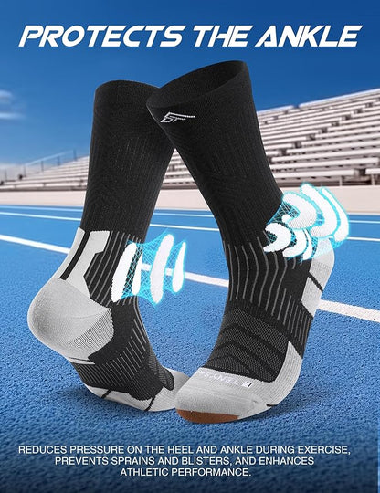 Men's Compression Running Socks: Coolmax Athletic Crew Socks Moisture Wicking Anti-Blister Cushion for Hiking 3 Pairs