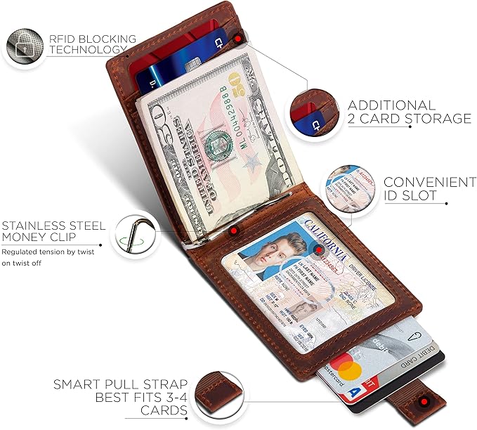 SERMAN BRANDS RFID Blocking Slim Bifold Genuine Leather Minimalist Front Pocket Wallets for Men with Money Clip Thin Mens